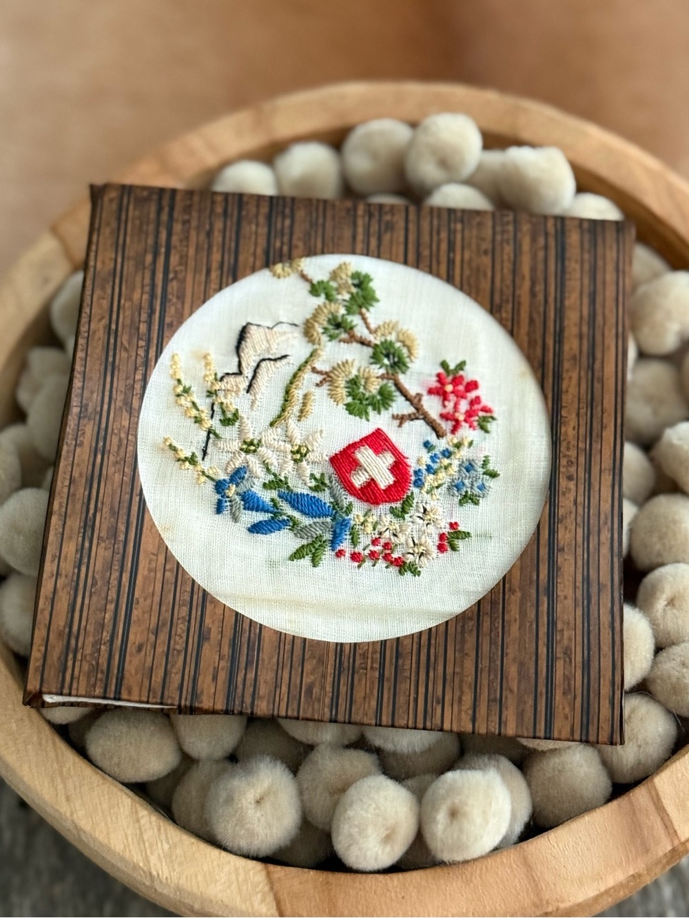 Vintage Embroidered Swiss Floral Handkerchief with Crest